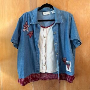 Lemon Grass Denim Patchwork Button Up Shirt Womens Large Hearts Stars Paisley